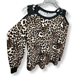 WHITE BIRCH - Cheetah Print Criss Cross Cold Shoulder Long Sleeve Blouse - Large